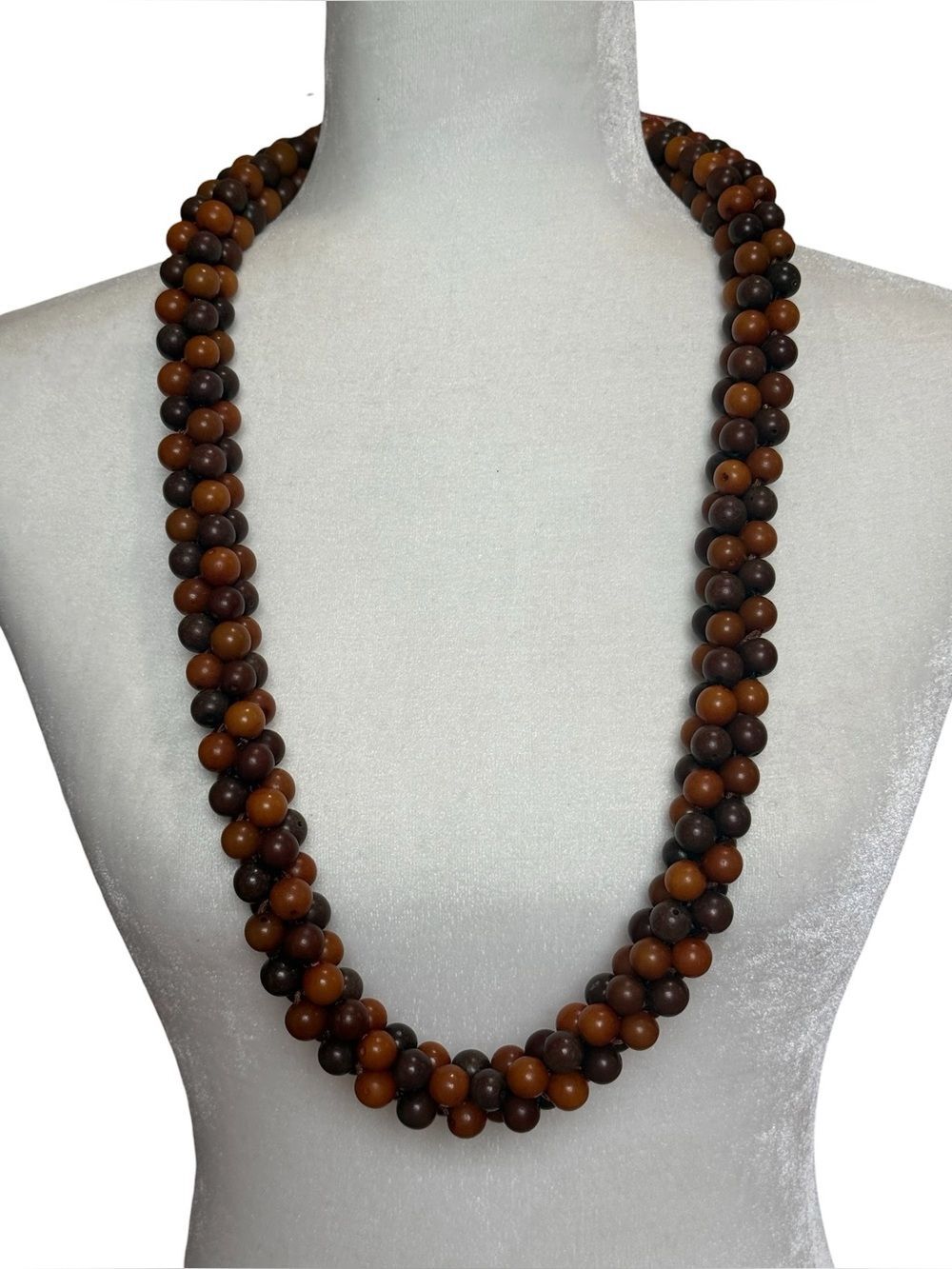 Vintage Hawaiian Kukui Nut Lei 4 Strand Box Weave Necklace Heavy Polished Brown